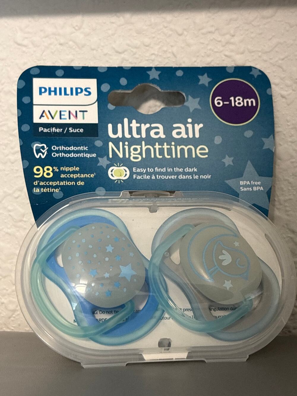 2 Philips Avent Ultra Air Nighttime Pacifier 6-18 mo. Blue Glow Orthodontic NIP